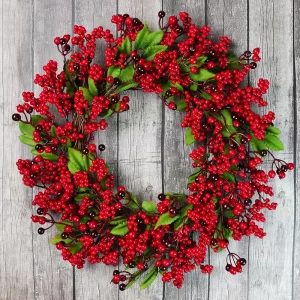 Yannew Christmas Red Berry Wreath for Front Door Outside Xmas Handmade Artificial Holly Berries Wreath Winter Home Wall Decor