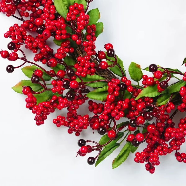 Yannew Christmas Red Berry Wreath for Front Door Outside Xmas Handmade Artificial Holly Berries Wreath Winter Home Wall Decor - Image 24