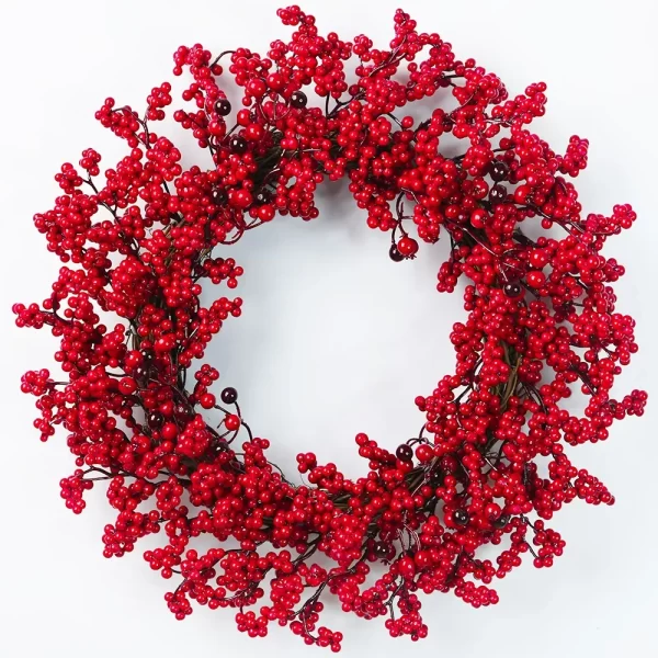 Yannew Christmas Red Berry Wreath for Front Door Outside Xmas Handmade Artificial Holly Berries Wreath Winter Home Wall Decor - Image 12