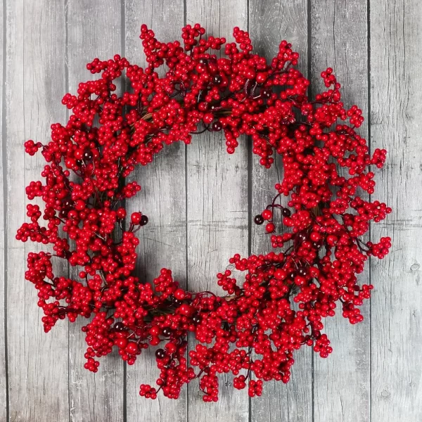 Yannew Christmas Red Berry Wreath for Front Door Outside Xmas Handmade Artificial Holly Berries Wreath Winter Home Wall Decor - Image 2