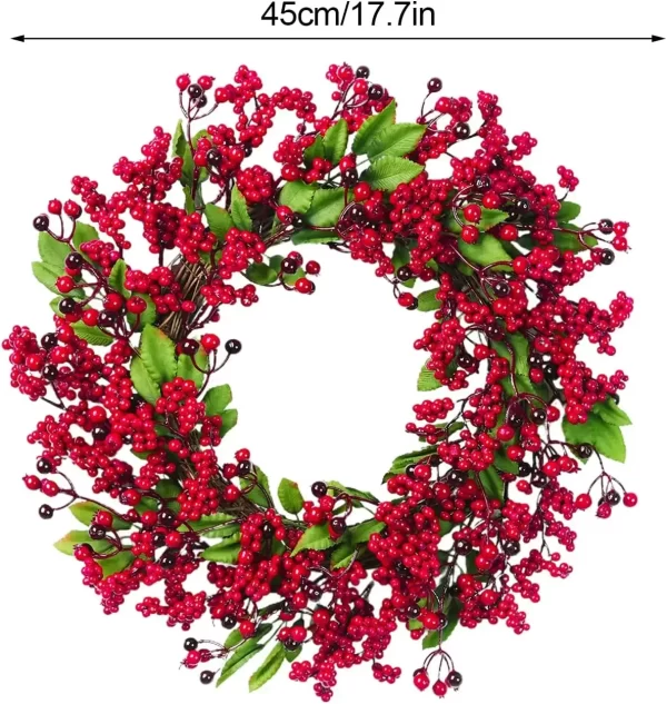 Yannew Christmas Red Berry Wreath for Front Door Outside Xmas Handmade Artificial Holly Berries Wreath Winter Home Wall Decor - Image 6