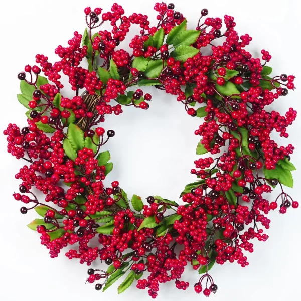 Yannew Christmas Red Berry Wreath for Front Door Outside Xmas Handmade Artificial Holly Berries Wreath Winter Home Wall Decor - Image 7