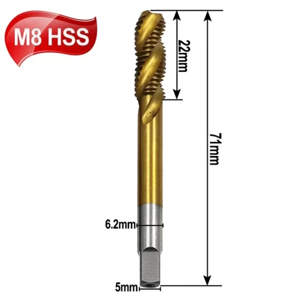 1pc Titanium Coated HSS Spiral Flute Screw Threading Taps Drill Tools For Machine Metals M3 M4 M5 M6 M8 Metric Hand Tool - Image 10