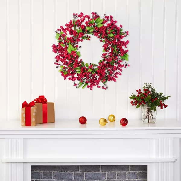 Yannew Christmas Red Berry Wreath for Front Door Outside Xmas Handmade Artificial Holly Berries Wreath Winter Home Wall Decor - Image 3