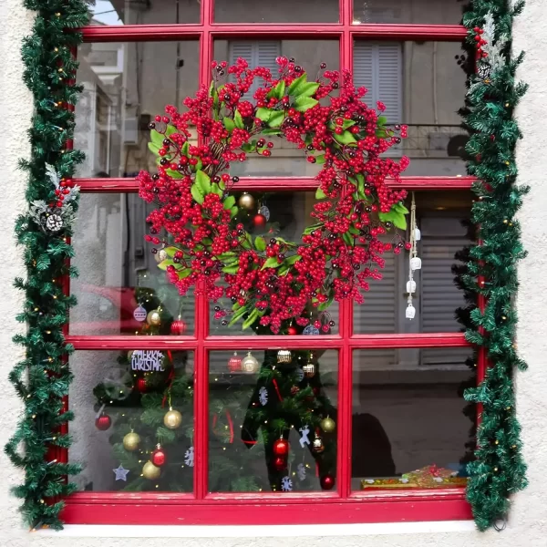 Yannew Christmas Red Berry Wreath for Front Door Outside Xmas Handmade Artificial Holly Berries Wreath Winter Home Wall Decor - Image 19