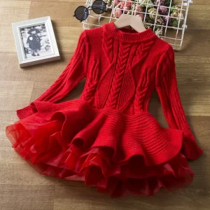 Long Sleeve Girls Winter Dress for 3-8 Years 2024 New Knitted Sweater Outfits Red Christmas Party Dress for Girls Kids Costume