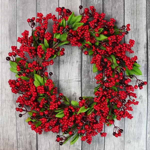 Yannew Christmas Red Berry Wreath for Front Door Outside Xmas Handmade Artificial Holly Berries Wreath Winter Home Wall Decor - Image 18