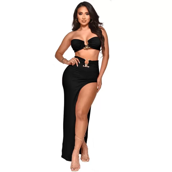 Women Two Piece Set Solid Color Breast Wrap Top and Irregular Slit Long Skirt Suit Lady Streetwear Mini Skirt Club Party Outfits - Image 19