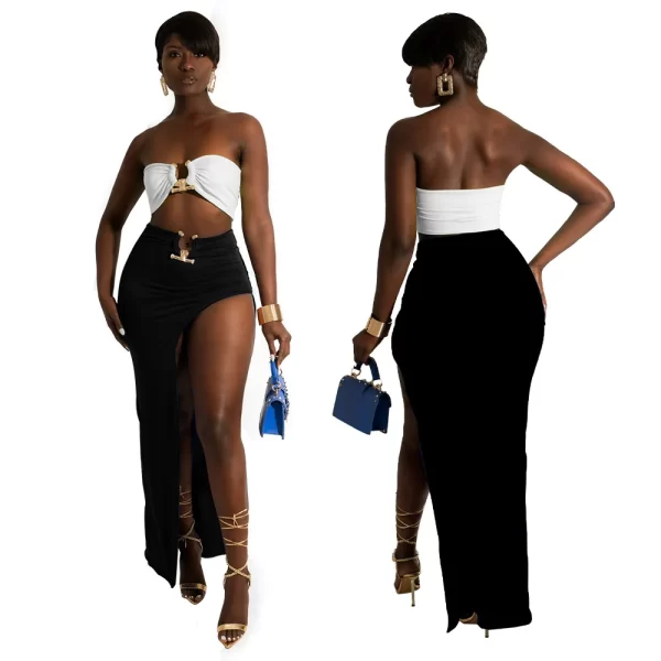 Women Two Piece Set Solid Color Breast Wrap Top and Irregular Slit Long Skirt Suit Lady Streetwear Mini Skirt Club Party Outfits - Image 24