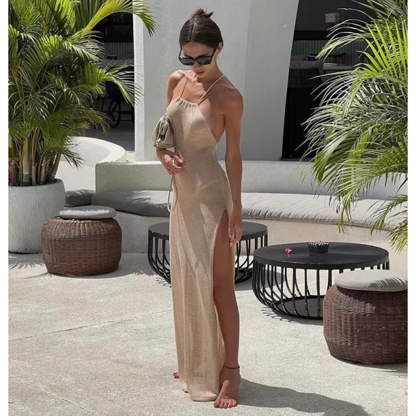 2024 Kintted Cover Up Beach Sexy See Through Maxi Slit Bodycon Summer Dress Bikinis Cover-ups  Elegant Halter Beachdress - Image 2