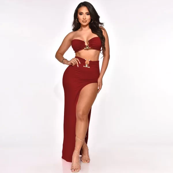 Women Two Piece Set Solid Color Breast Wrap Top and Irregular Slit Long Skirt Suit Lady Streetwear Mini Skirt Club Party Outfits - Image 2