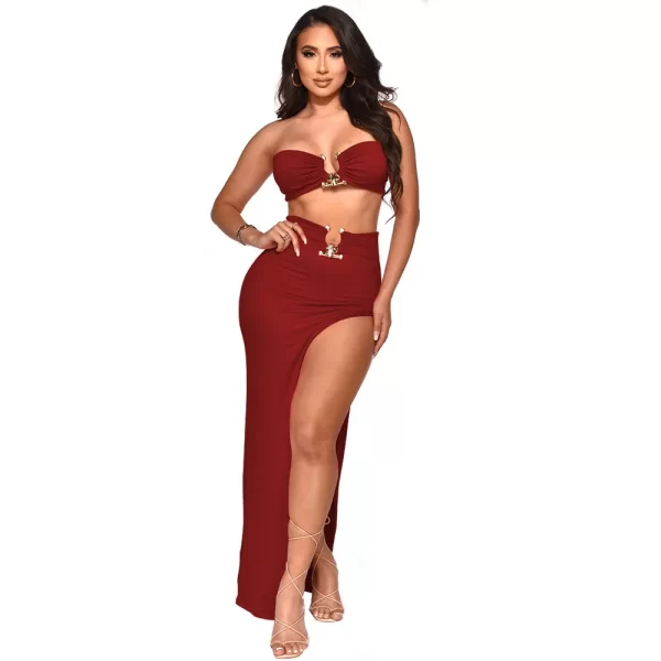 Women Two Piece Set Solid Color Breast Wrap Top and Irregular Slit Long Skirt Suit Lady Streetwear Mini Skirt Club Party Outfits - Image 7