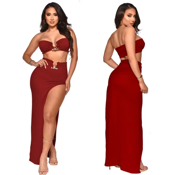 Women Two Piece Set Solid Color Breast Wrap Top and Irregular Slit Long Skirt Suit Lady Streetwear Mini Skirt Club Party Outfits - Image 21