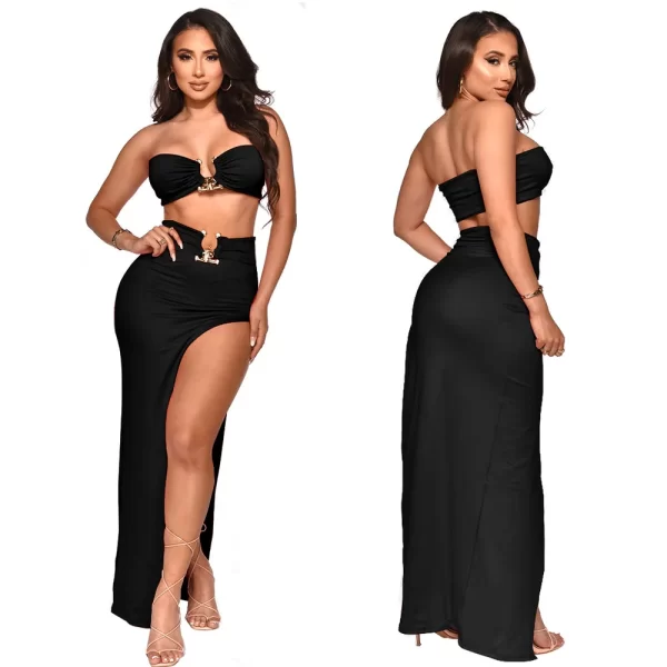 Women Two Piece Set Solid Color Breast Wrap Top and Irregular Slit Long Skirt Suit Lady Streetwear Mini Skirt Club Party Outfits - Image 18