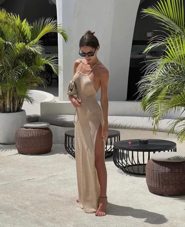 2024 Kintted Cover Up Beach Sexy See Through Maxi Slit Bodycon Summer Dress Bikinis Cover-ups  Elegant Halter Beachdress - Image 9